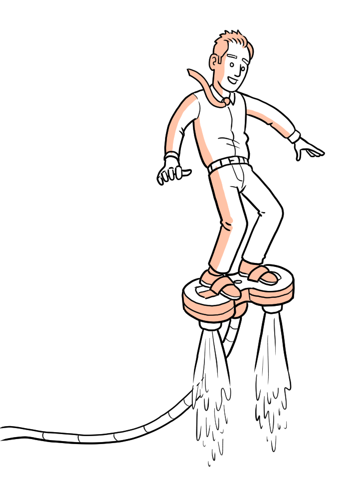 Illustration of man on water jets looking very excited at having commissioned some illustration work