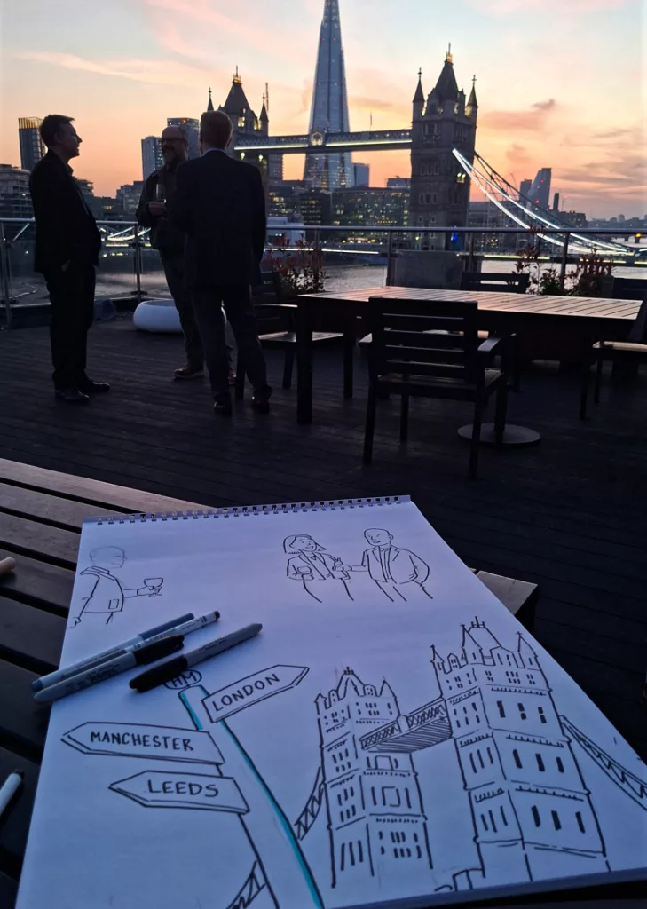live scribing at London Bridge, live illustration by John Cooper
